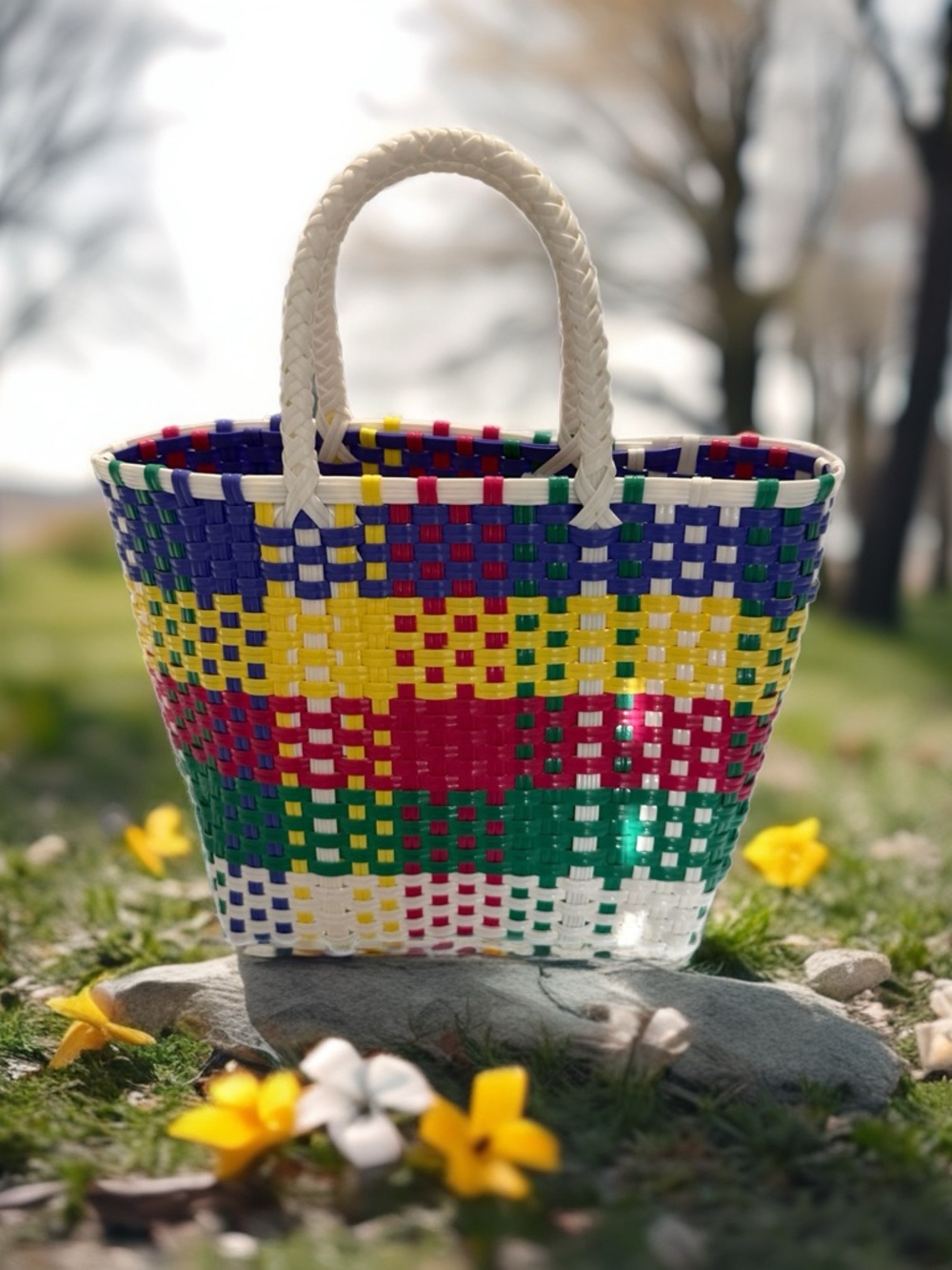 Woven Multicolor Women's Mini Tote Bag - White Handles